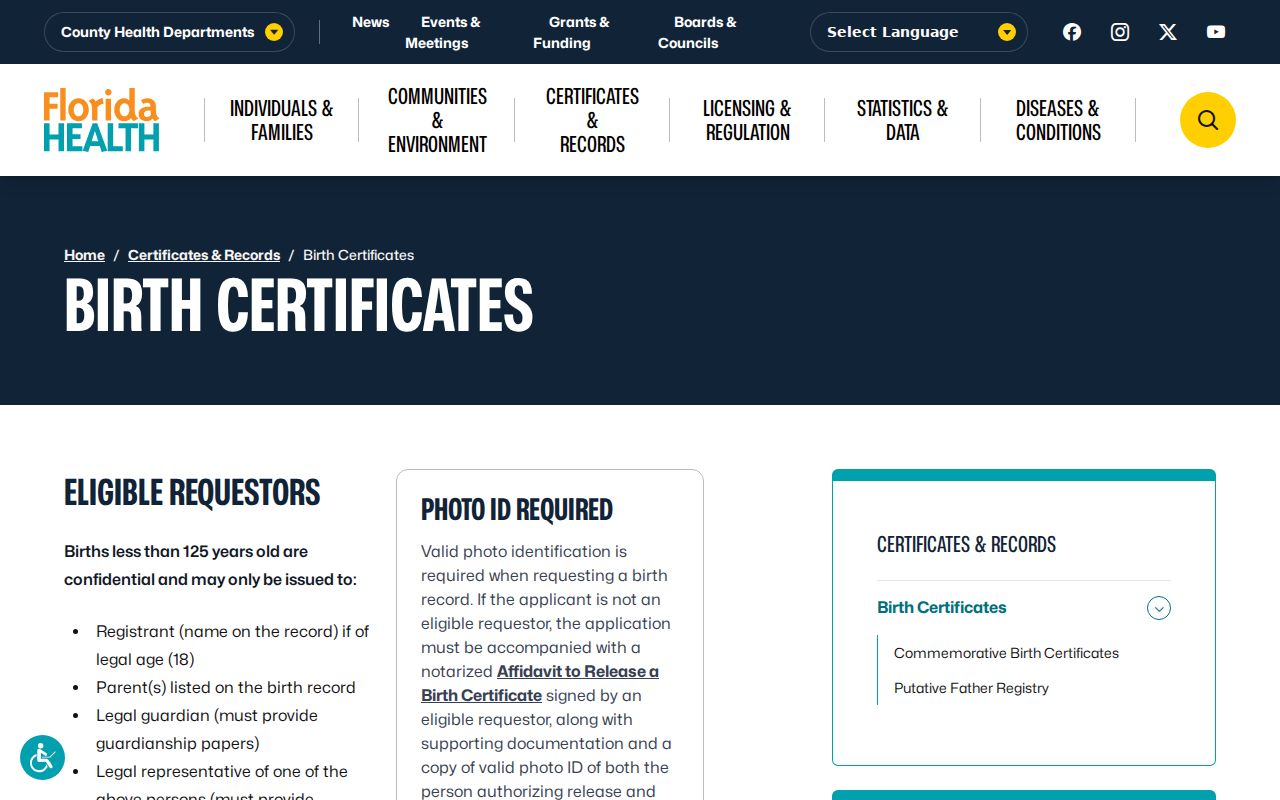 Gainesville previous residents Florida birth certificate page