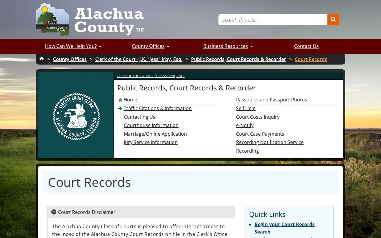 Alachua County court records instructions for a Gainesville resident lookup